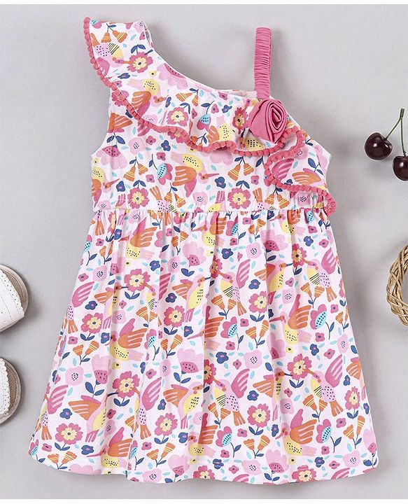 Babyhug Sleeveless Frock Flower Applique - White