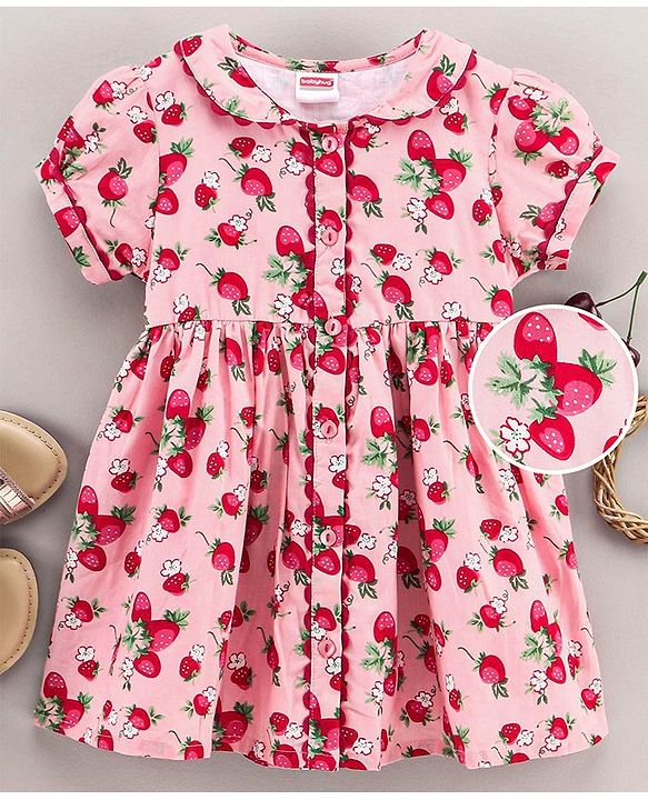 Babyhug Half Sleeves Frock Strawberry Print - Pink