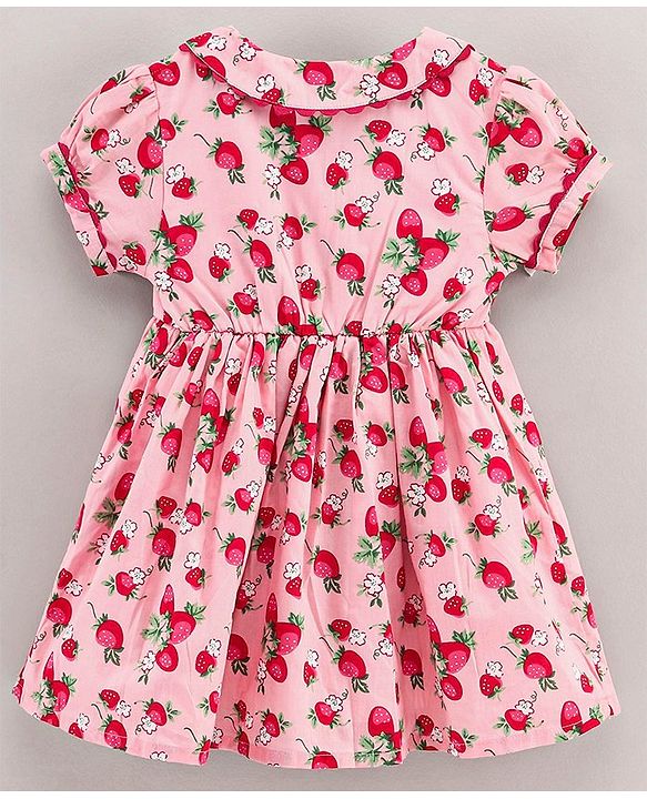 Babyhug Half Sleeves Frock Strawberry Print - Pink