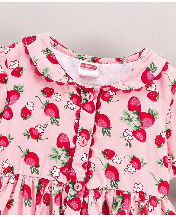 Babyhug Half Sleeves Frock Strawberry Print - Pink