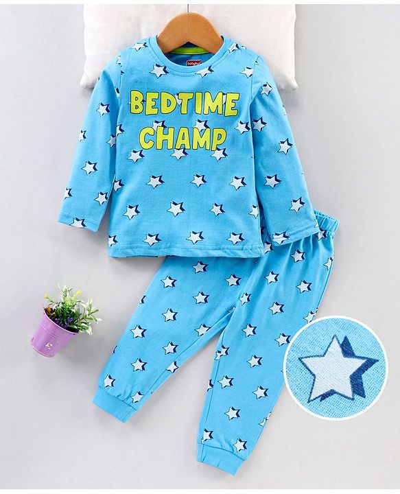 Babyhug Full Sleeves Pyjama Set Text & Star Print - Blue