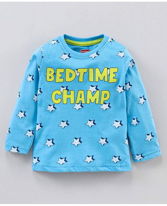 Babyhug Full Sleeves Pyjama Set Text & Star Print - Blue