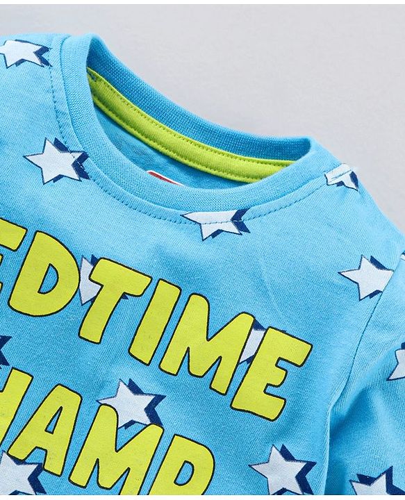 Babyhug Full Sleeves Pyjama Set Text & Star Print - Blue