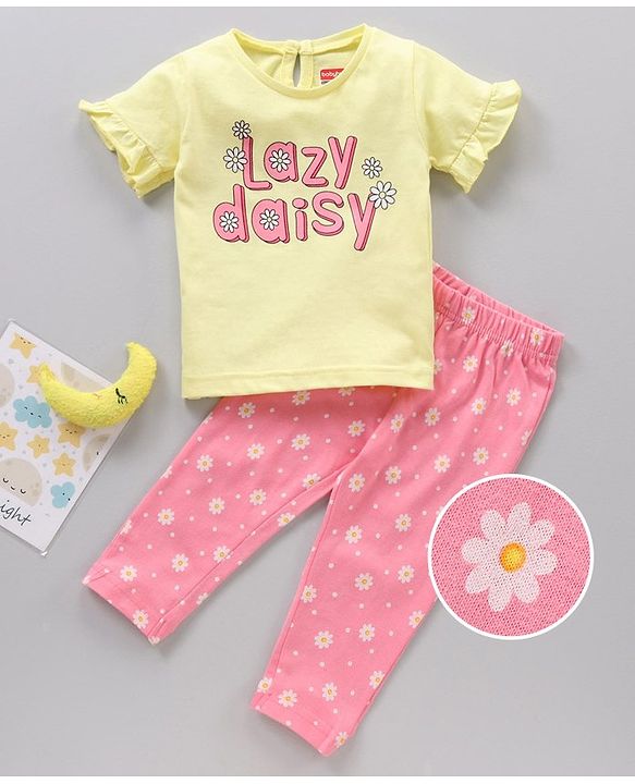 Babyhug Cotton Half Sleeves Pajama Set Text Printed - Pink Yellow