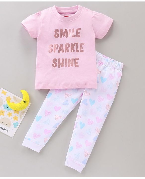 Babyhug Cotton Half Sleeves Pajama Set Text Printed - Pink White