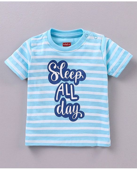 Babyhug Half Sleeves Striped Night Suit Text Print - Blue