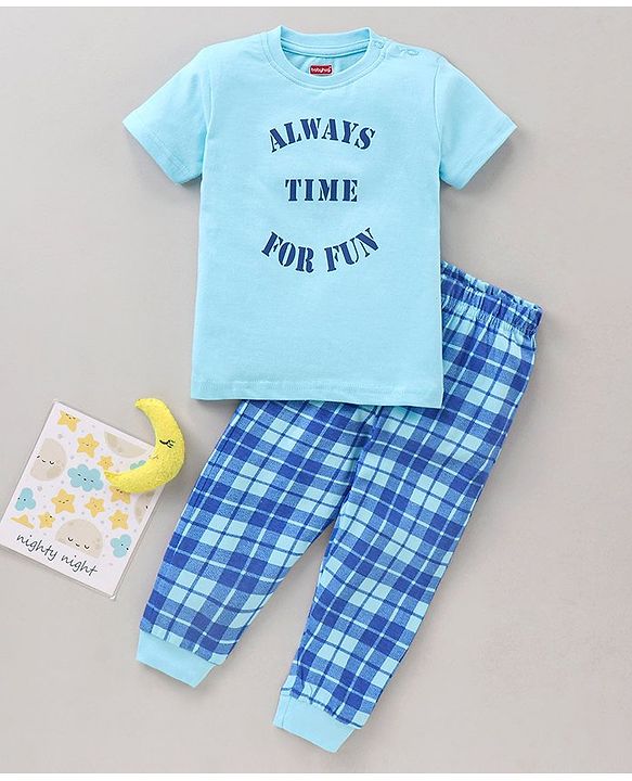 Babyhug Half Sleeves Pyjama Set Checks & Text Print- Blue