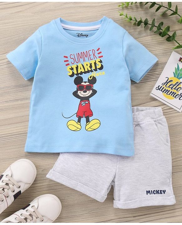 Babyhug Half Sleeves T-Shirt and Shorts Set Mickey Mouse Print- Blue White