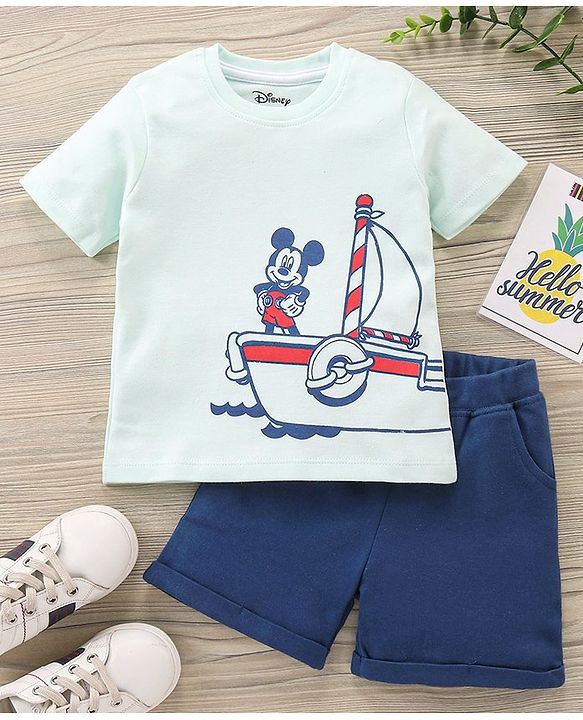 Babyhug Half Sleeves T-Shirt and Shorts Set Mickey Mouse Print- Blue Navy