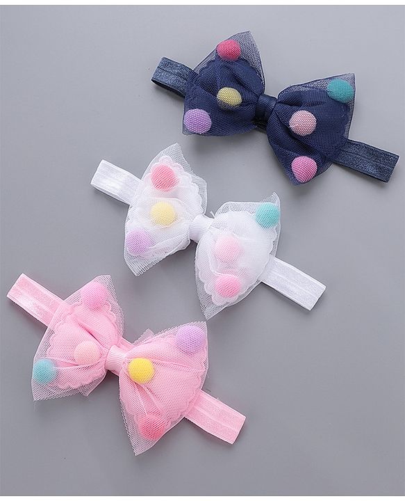 Babyhug Bow Appliquse Headbands Pack Of 3 - Blue, White & Pink