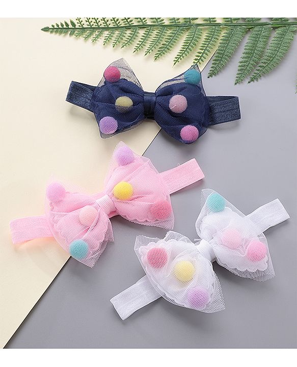 Babyhug Bow Appliquse Headbands Pack Of 3 - Blue, White & Pink
