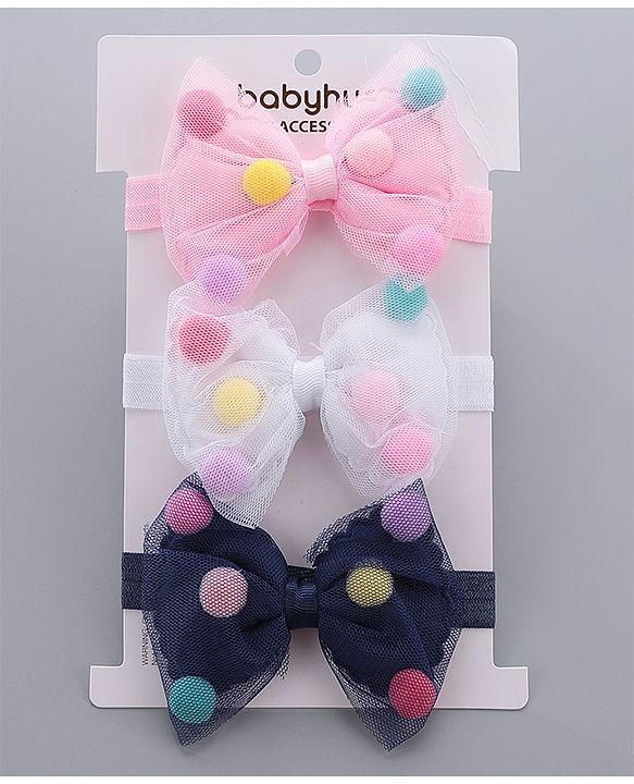 Babyhug Bow Appliquse Headbands Pack Of 3 - Blue, White & Pink