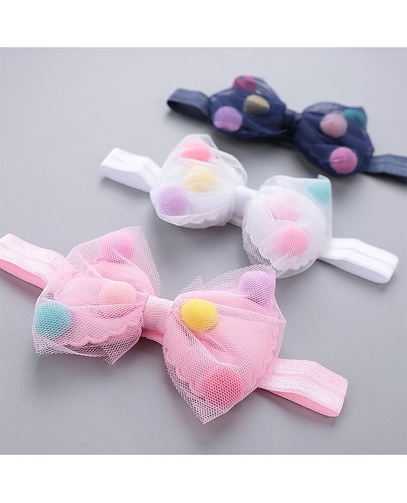 Babyhug Bow Appliquse Headbands Pack Of 3 - Blue, White & Pink
