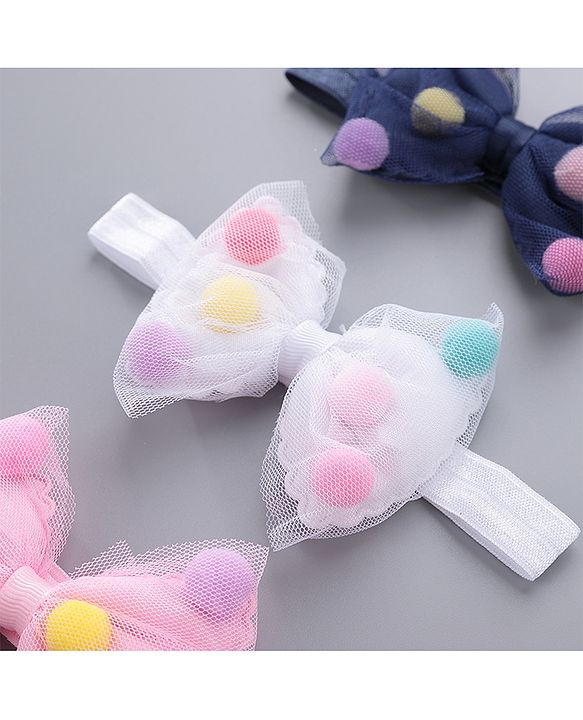 Babyhug Bow Appliquse Headbands Pack Of 3 - Blue, White & Pink
