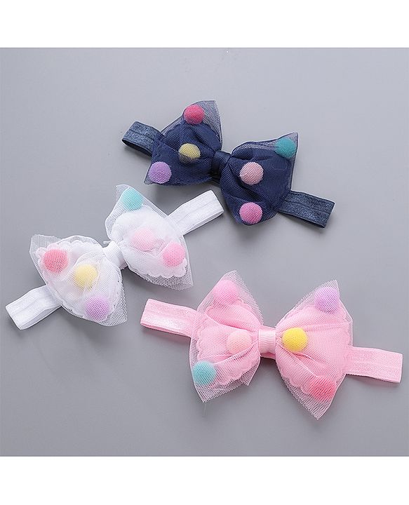 Babyhug Bow Appliquse Headbands Pack Of 3 - Blue, White & Pink