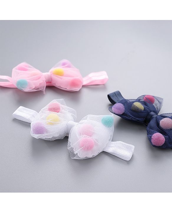 Babyhug Bow Appliquse Headbands Pack Of 3 - Blue, White & Pink
