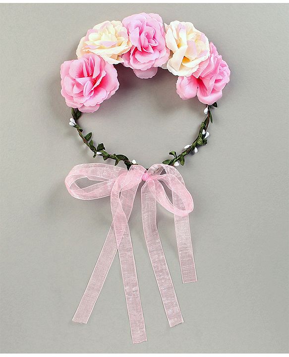 Pine Kids Hair Band With Floral Tiara - Pink White