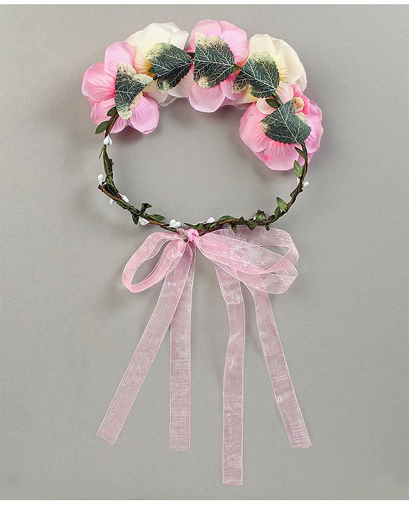 Pine Kids Hair Band With Floral Tiara - Pink White