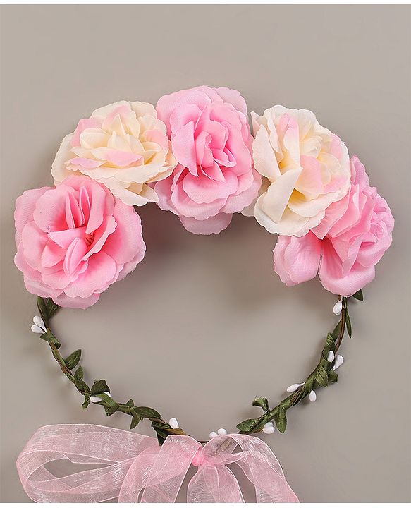 Pine Kids Hair Band With Floral Tiara - Pink White