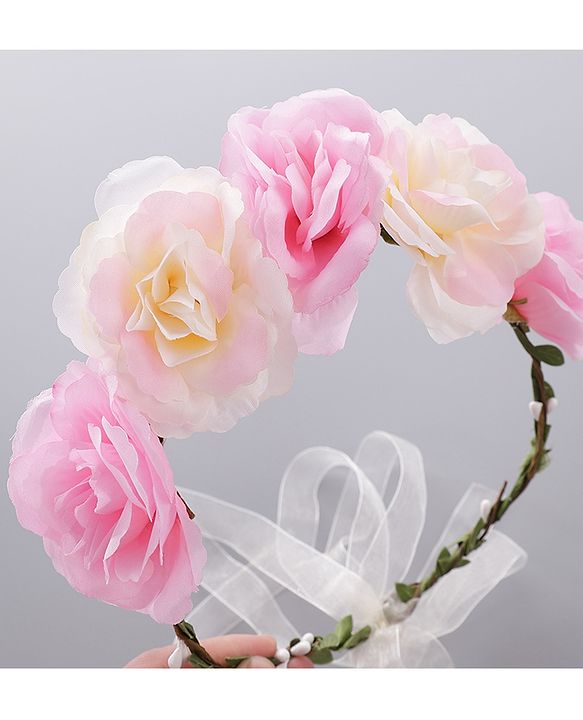 Pine Kids Hair Band With Floral Tiara - Pink White