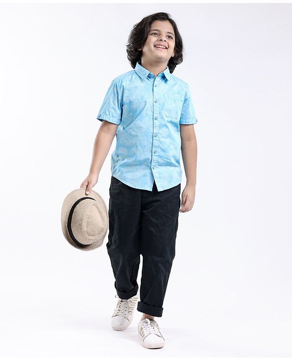 Pine Kids Half Sleeves Shirts Leaves Print - Blue
