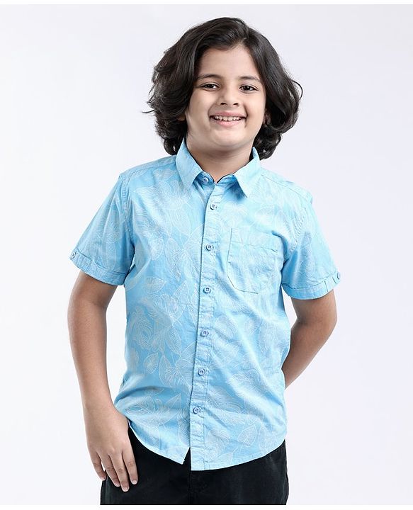 Pine Kids Half Sleeves Shirts Leaves Print - Blue