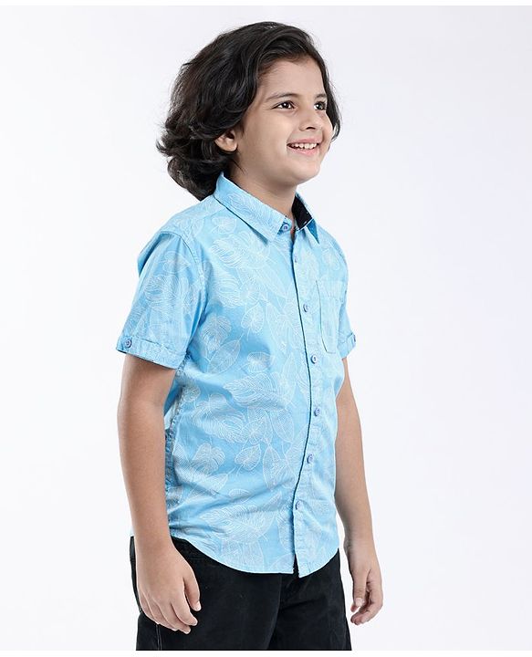 Pine Kids Half Sleeves Shirts Leaves Print - Blue