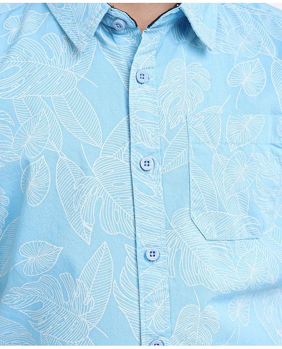 Pine Kids Half Sleeves Shirts Leaves Print - Blue