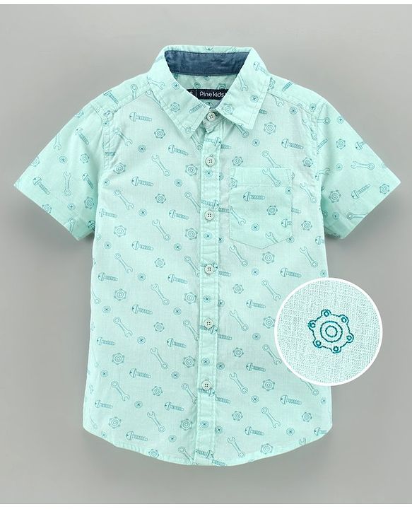 Pine Kids Half Sleeves Softener Wash Cotton Printed Shirt - Sea Green
