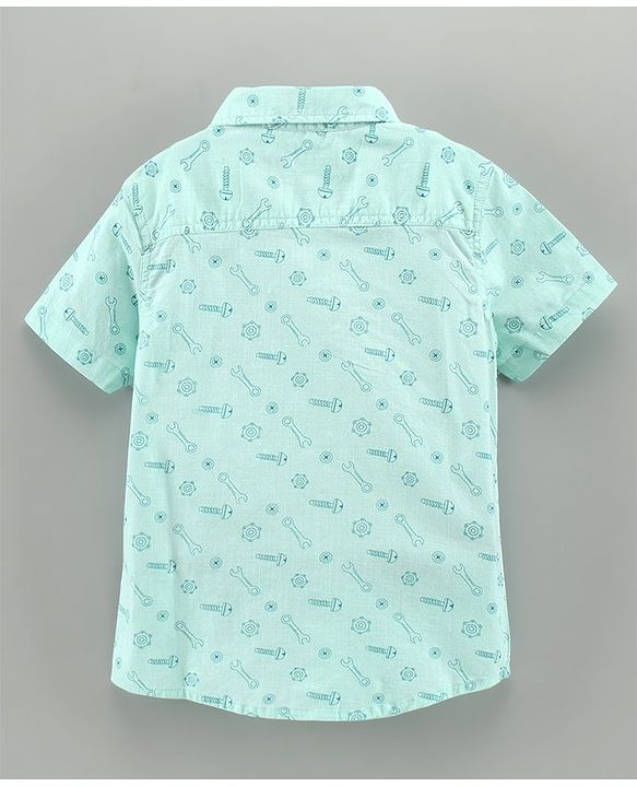 Pine Kids Half Sleeves Softener Wash Cotton Printed Shirt - Sea Green