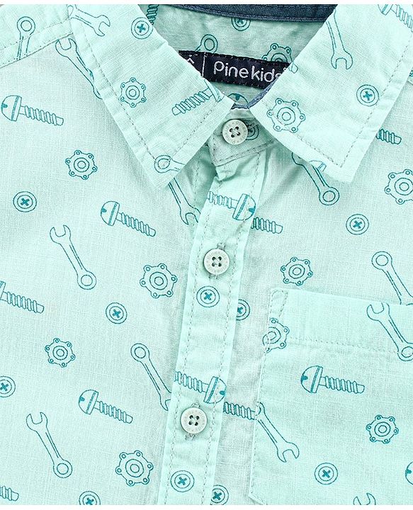 Pine Kids Half Sleeves Softener Wash Cotton Printed Shirt - Sea Green