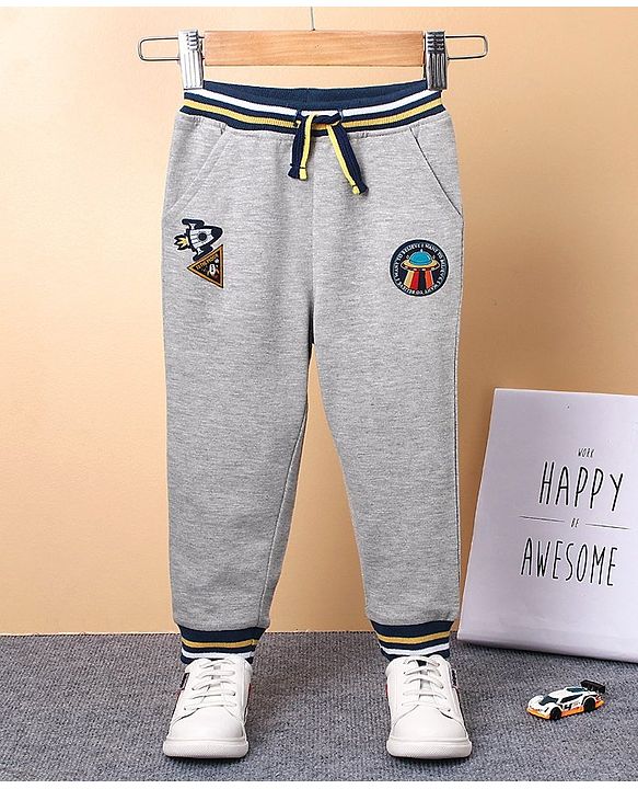 Babyhug Full Length Cotton Ribbed Waist Lounge Pant with Badges - Grey