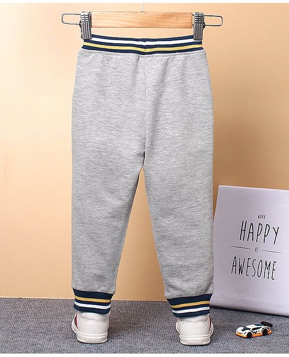 Babyhug Full Length Cotton Ribbed Waist Lounge Pant with Badges - Grey