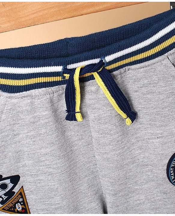 Babyhug Full Length Cotton Ribbed Waist Lounge Pant with Badges - Grey