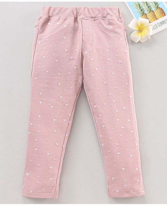 Babyhug Knit Full Length Jeggings Star Print - Pink