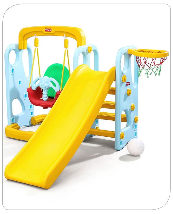 Babyhug 3-in-1 Swing And  Slide With Basketball Hoop -Blue & Yellow | Triple-Play Fun With Smooth Safe Slide  & Adjustable Hoop | Outdoor Active Leisure | enhances coordination, balance| BIS Certified
