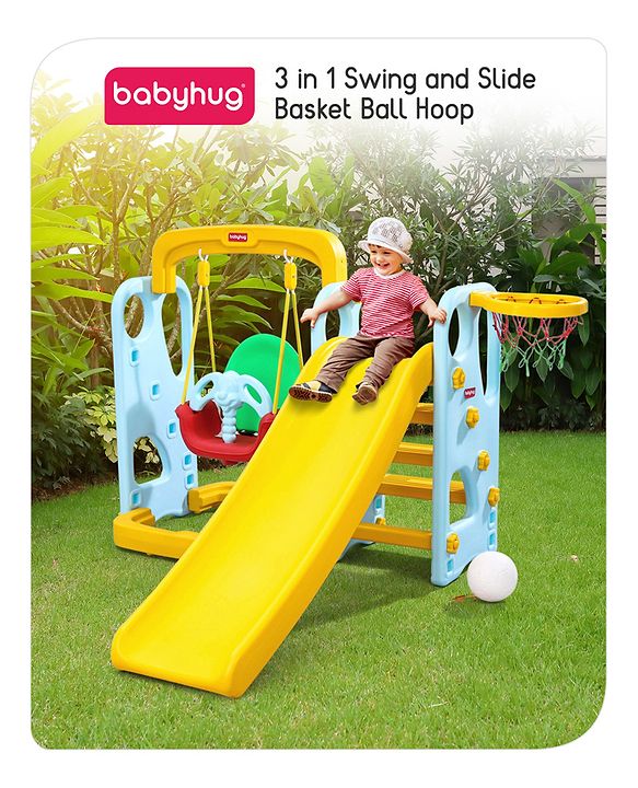 Babyhug 3-in-1 Swing And  Slide With Basketball Hoop -Blue & Yellow | Triple-Play Fun With Smooth Safe Slide  & Adjustable Hoop | Outdoor Active Leisure | enhances coordination, balance| BIS Certified