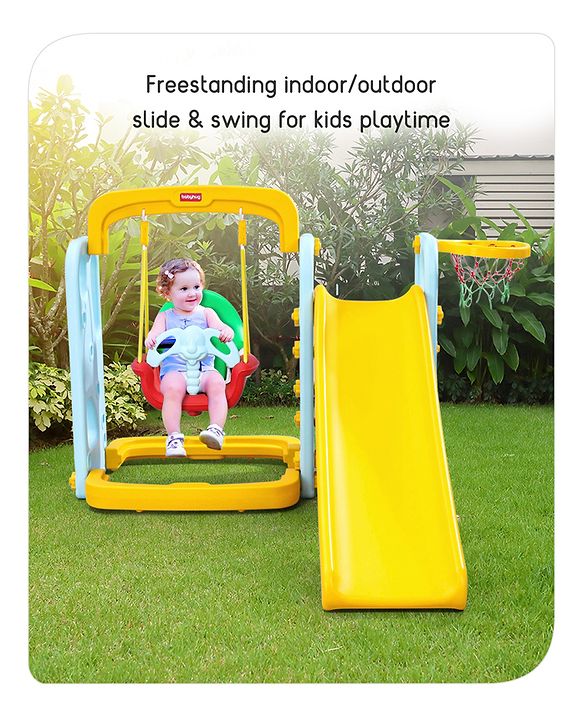Babyhug 3-in-1 Swing And  Slide With Basketball Hoop -Blue & Yellow | Triple-Play Fun With Smooth Safe Slide  & Adjustable Hoop | Outdoor Active Leisure | enhances coordination, balance| BIS Certified