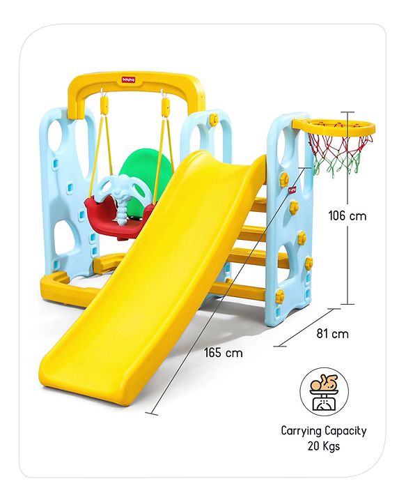 Babyhug 3-in-1 Swing And  Slide With Basketball Hoop -Blue & Yellow | Triple-Play Fun With Smooth Safe Slide  & Adjustable Hoop | Outdoor Active Leisure | enhances coordination, balance| BIS Certified