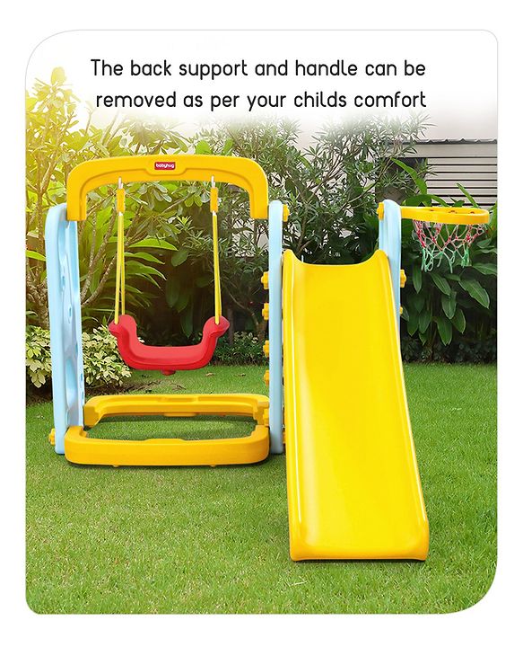 Babyhug 3-in-1 Swing And  Slide With Basketball Hoop -Blue & Yellow | Triple-Play Fun With Smooth Safe Slide  & Adjustable Hoop | Outdoor Active Leisure | enhances coordination, balance| BIS Certified