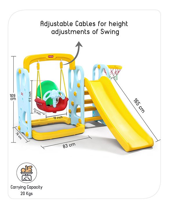Babyhug 3-in-1 Swing And  Slide With Basketball Hoop -Blue & Yellow | Triple-Play Fun With Smooth Safe Slide  & Adjustable Hoop | Outdoor Active Leisure | enhances coordination, balance| BIS Certified
