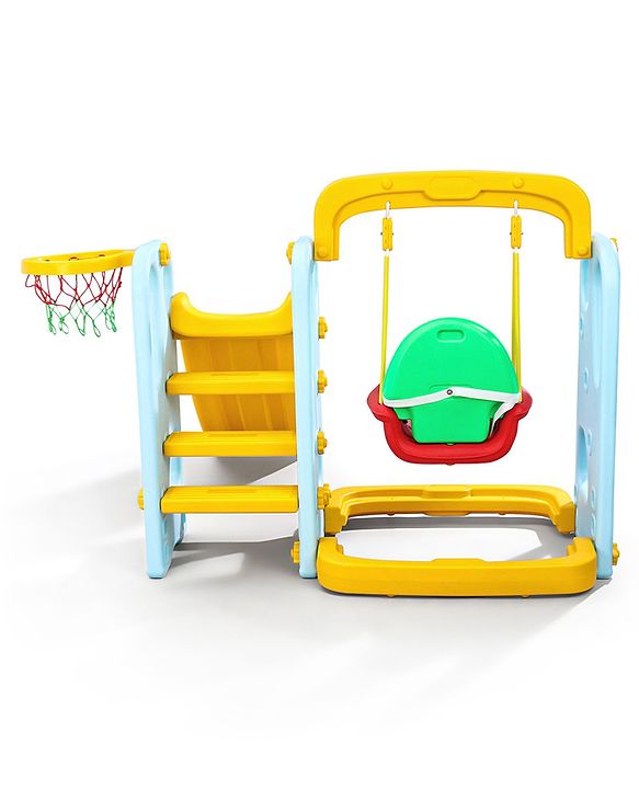 Babyhug 3-in-1 Swing And  Slide With Basketball Hoop -Blue & Yellow | Triple-Play Fun With Smooth Safe Slide  & Adjustable Hoop | Outdoor Active Leisure | enhances coordination, balance| BIS Certified
