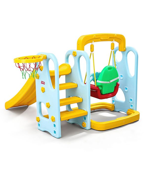 Babyhug 3-in-1 Swing And  Slide With Basketball Hoop -Blue & Yellow | Triple-Play Fun With Smooth Safe Slide  & Adjustable Hoop | Outdoor Active Leisure | enhances coordination, balance| BIS Certified
