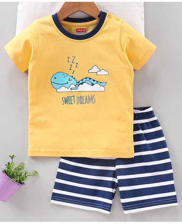 Babyhug Half Sleeves Shorts Night Suit Dino Print - Yellow
