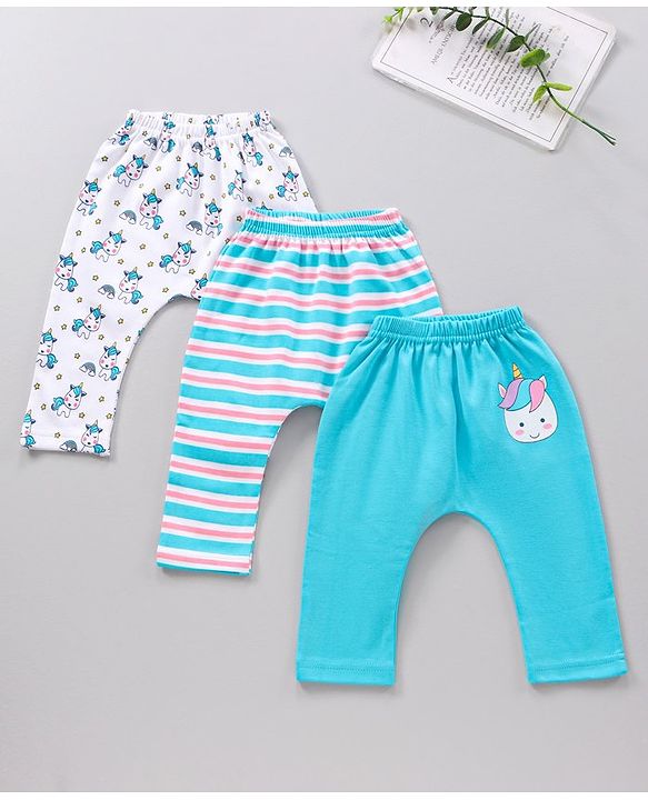 Babyhug Full Length Cotton Knit Diaper Leggings Striped And Unicorn Print Pack Of 3 - Blue White