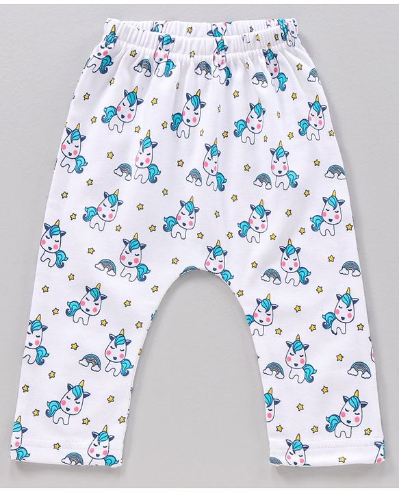 Babyhug Full Length Cotton Knit Diaper Leggings Striped And Unicorn Print Pack Of 3 - Blue White