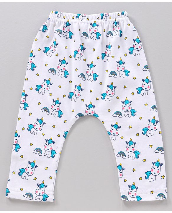 Babyhug Full Length Cotton Knit Diaper Leggings Striped And Unicorn Print Pack Of 3 - Blue White