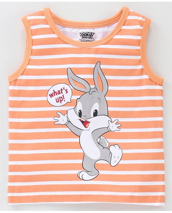 Babyhug Cotton Sleeveless Stripe T-Shirt Bunny Print - Orange