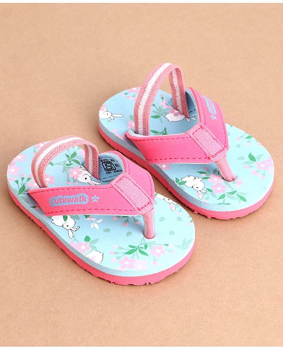 Cute Walk by Babyhug Flip Flops With Back Strap Floral Print - Sky Blue