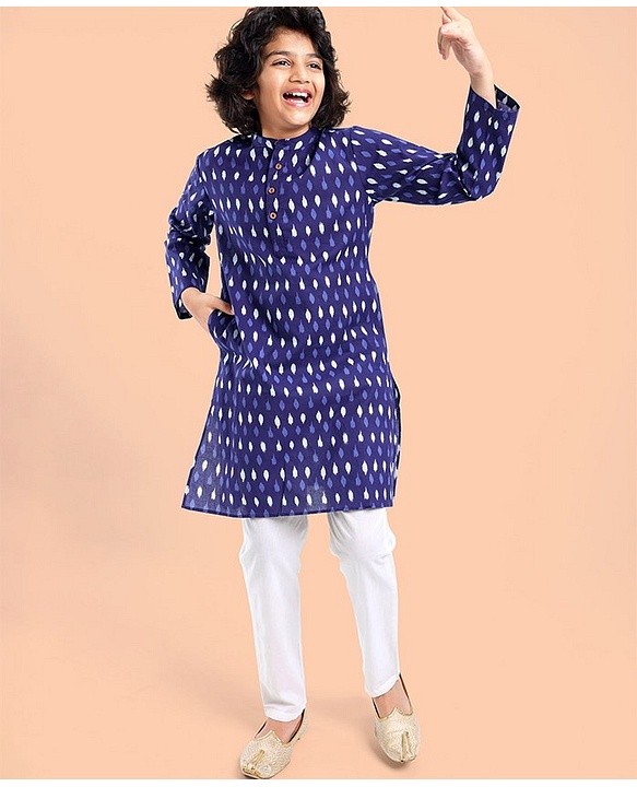 Pine Kids Full Sleeves Printed Kurta and Pyjama Set - Indigo Blue